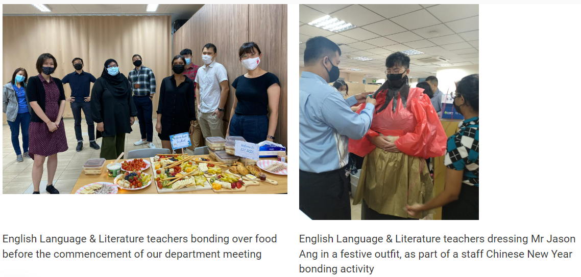 Two photos: masked teachers posing by a food spread, and a man being dressed in a red and gold festive outfit.